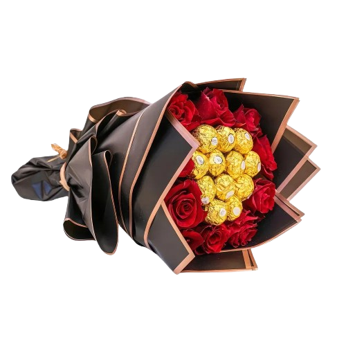 Cône de roses rouges et chocolats dorés, emballage de luxe noir et or - Fleuriste créatif à Casablanca
