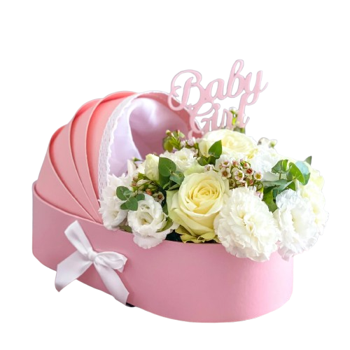 Berceau de fleurs roses et blanches pour naissance - Cadeau bébé original de votre fleuriste Casablanca