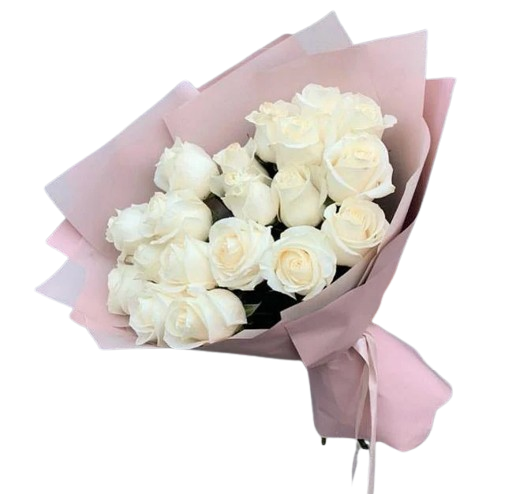 Bouquet de roses blanches pur dans un emballage rose poudré - Livraison de fleurs Casablanca