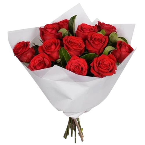 Bouquet généreux de roses rouges, enveloppé de papier blanc épuré