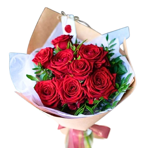 Bouquet de roses rouges avec eucalyptus et emballage kraft - Fleuriste de quartier à Casablanca