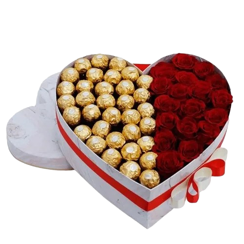 Boîte en cœur divisée roses rouges et chocolats Ferrero Rocher
