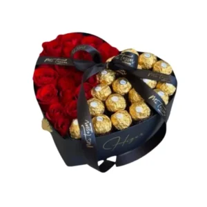 Boîte cadeau noire avec roses rouges et chocolats Ferrero Rocher - Cadeau chic pour Casablanca