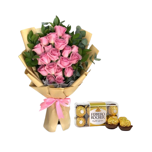 Petit bouquet de roses roses tendres et chocolats, un cadeau doux - Livraison fleuriste Casablanca
