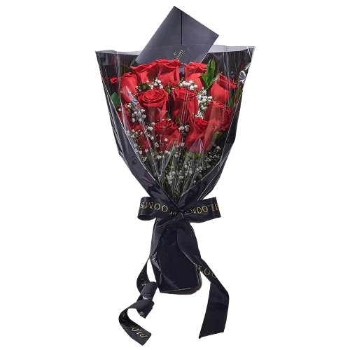 Bouquet de roses rouges élégant dans un emballage noir moderne avec ruban