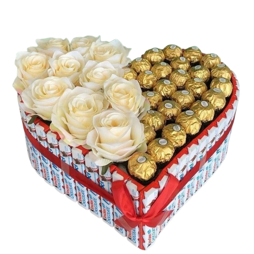 Cœur de roses blanches et chocolats Ferrero Rocher