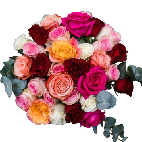 Bouquet multicolore de roses fuchsia, orange et rouges - Fleuriste Casablanca