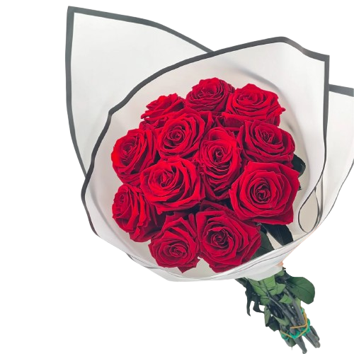 Bouquet de roses rouges classiques avec emballage blanc et noir