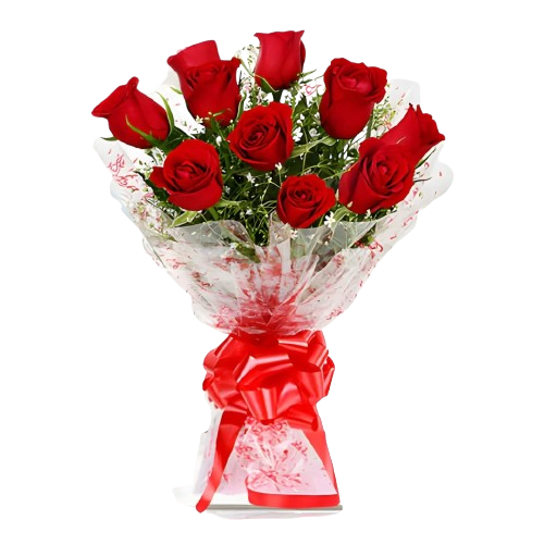 Bouquet de roses rouges avec ruban décoratif rouge