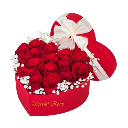 Boîte en forme de cœur remplie de roses rouges
