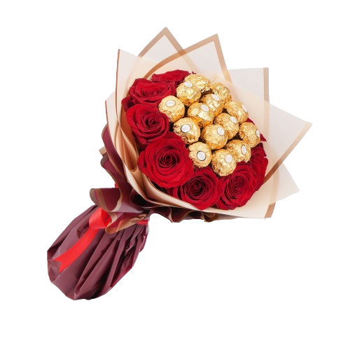 Bouquet rond de roses rouges et Ferrero Rocher
