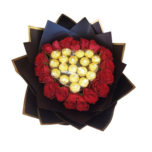 Composition florale en cœur de roses rouges entourant des chocolats Ferrero Rocher, emballage noir